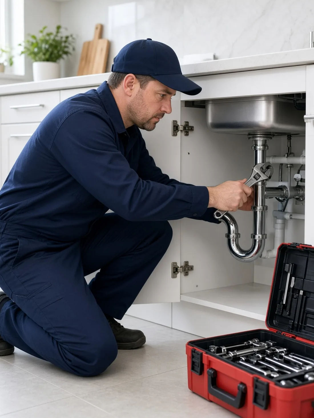 Flowright plumber tightening a pipe under a kitchen sink