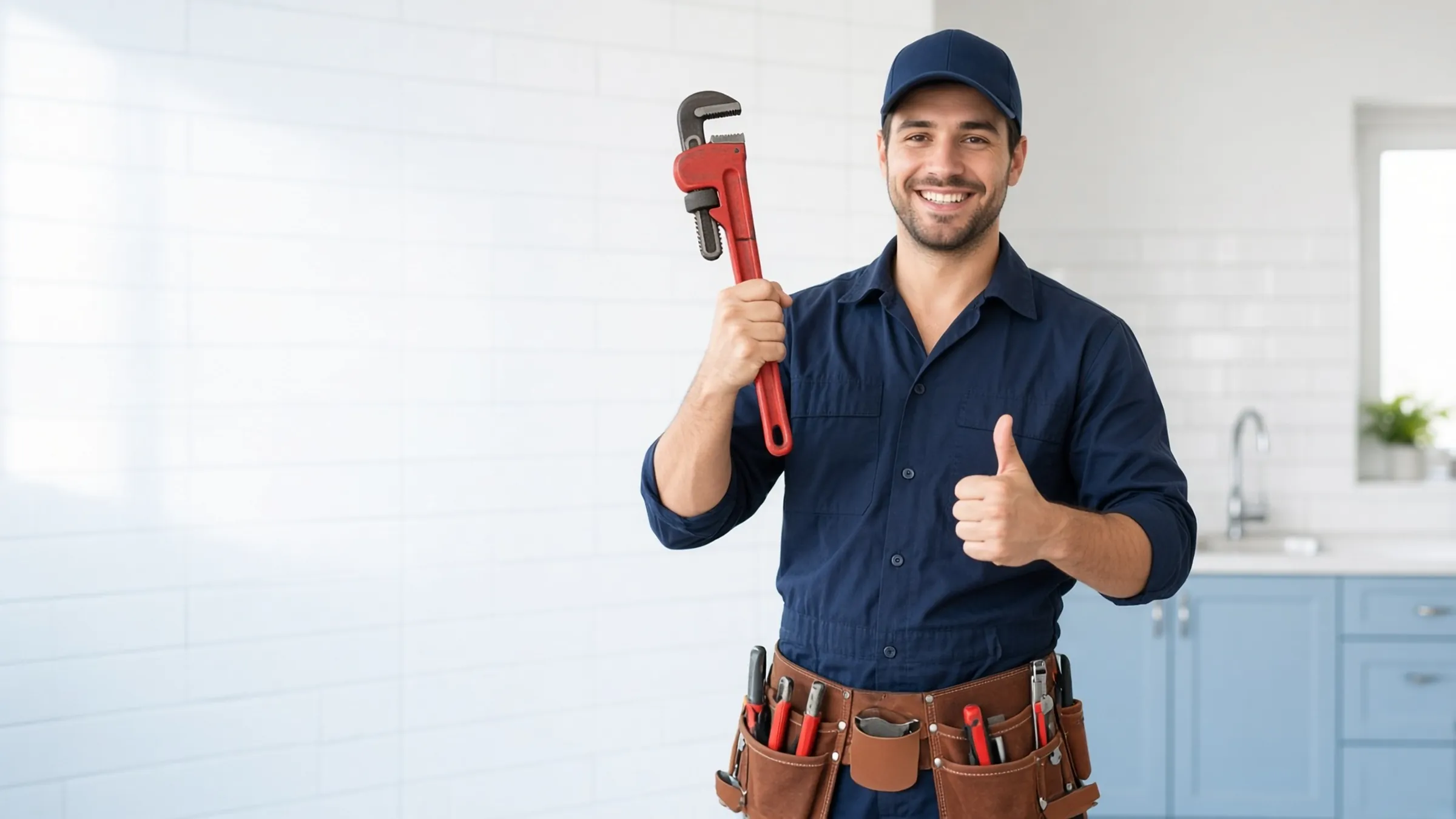 Smiling Flowright plumber holding a pipe wrench and giving a thumbs up